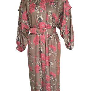 Rickie Freeman Teri Jon Belted 100% Wool Dress Women’s 14 Red Rose Print Brown